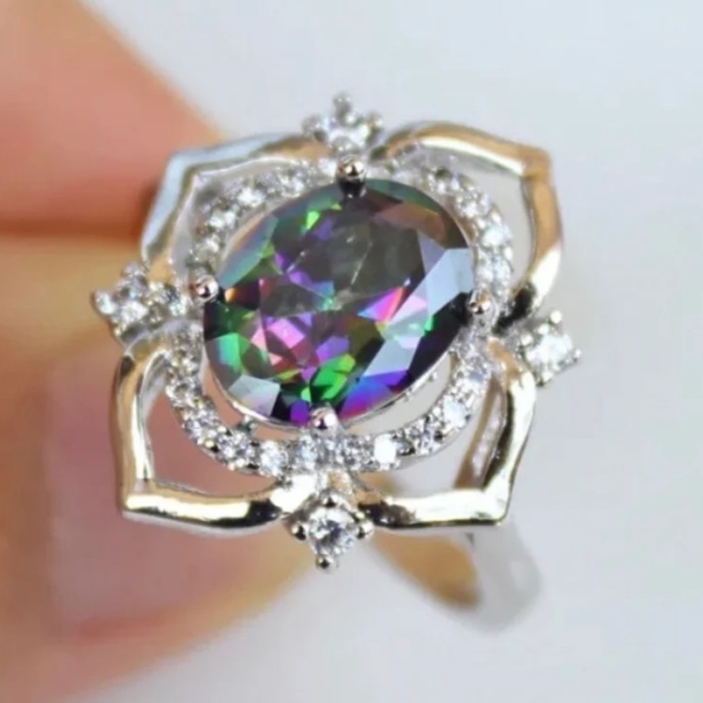 New 18K White Gold Natural Mystic Rainbow Topaz Halo Diamond Color Changing Ring - Picture 2 of 11